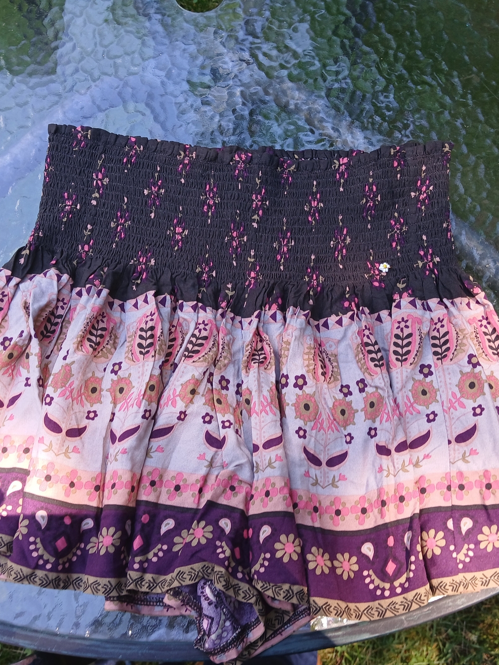 Natural Life Boho Floral Tiered Smocked Mini Skirt in Black and Purple